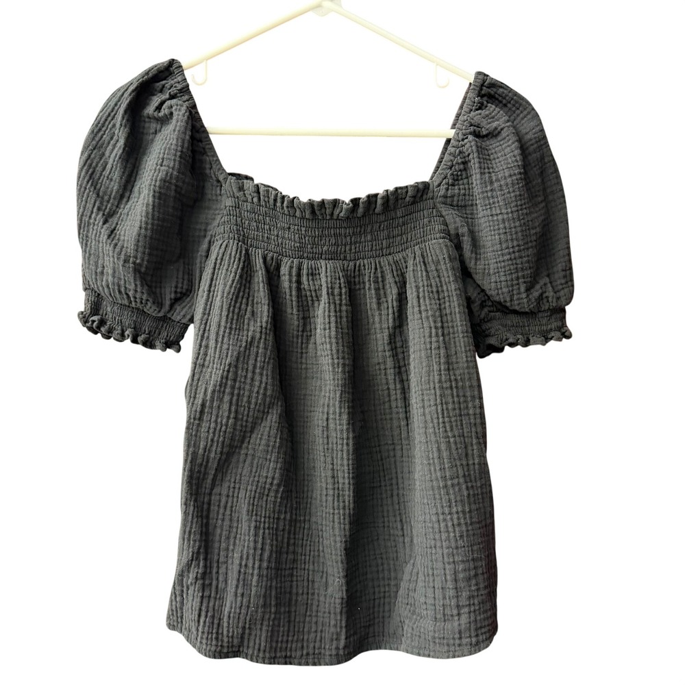 J.Crew Puff Sleeve Muslin Top Womens Med Black Smocked Square Neck Cotton Gauze